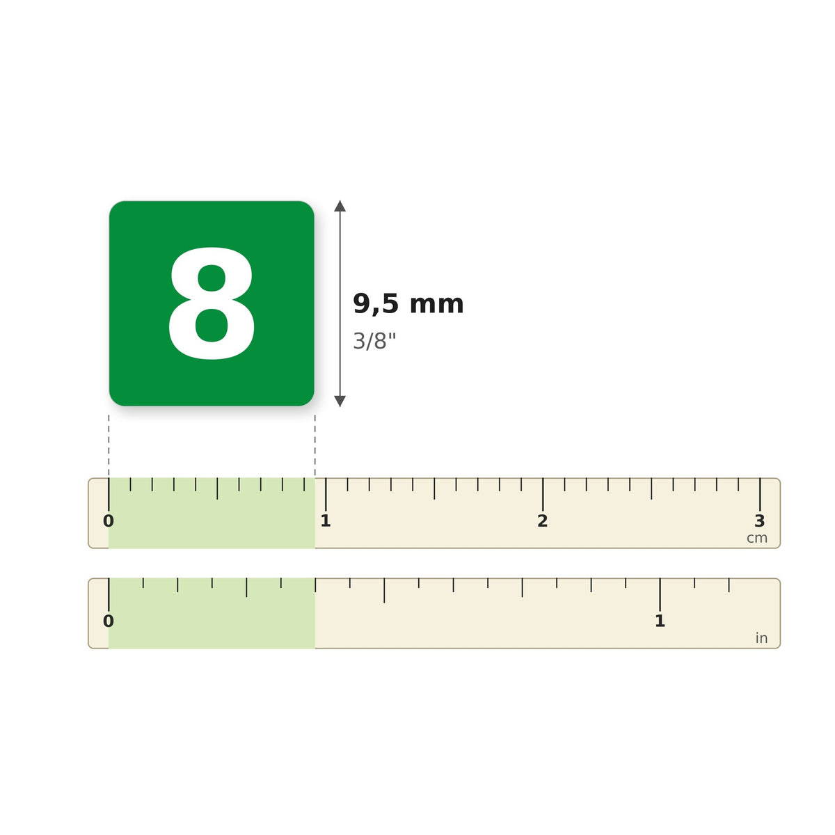 Taille des autocollants 34869 sur une règle : 9,5 mm × 9,5 mm (3/8 po)