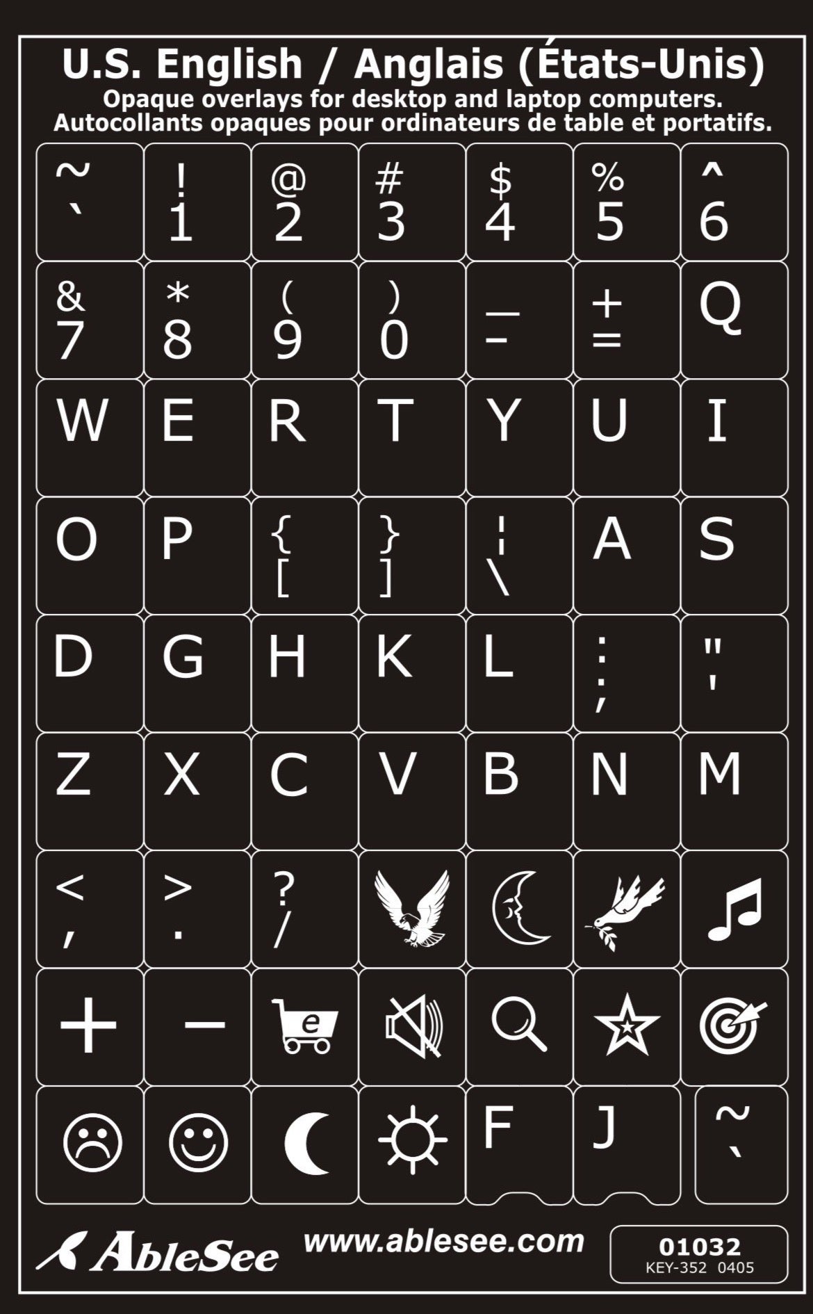 Autocollants opaques partie centrale clavier Windows anglais (É.-U.) 01032