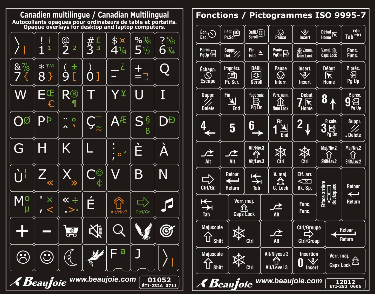 Autocollants partie centrale clavier Windows canadien multilingue fonctions bilingues 01052-12012