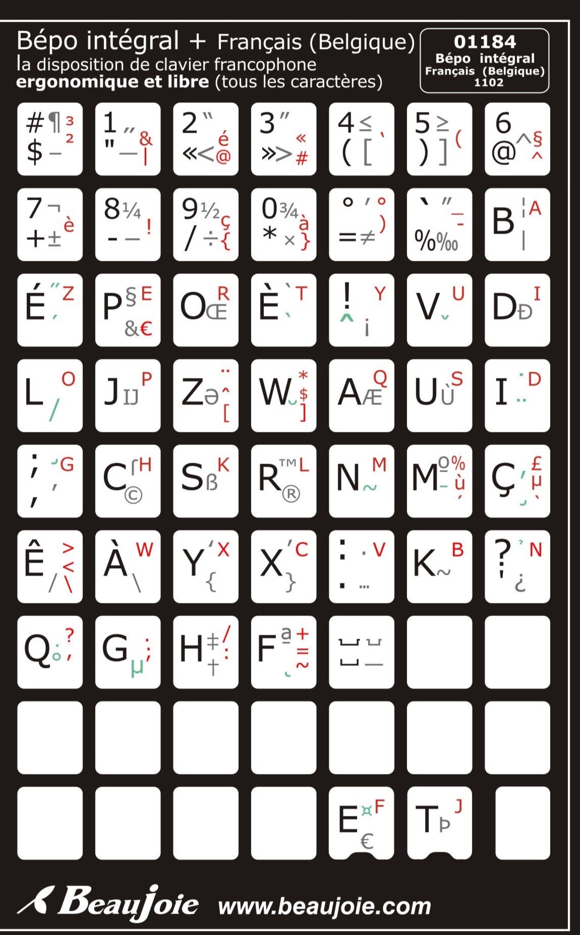 Autocollants  partie centrale clavier BÉPO intégral français Belgique- 01184