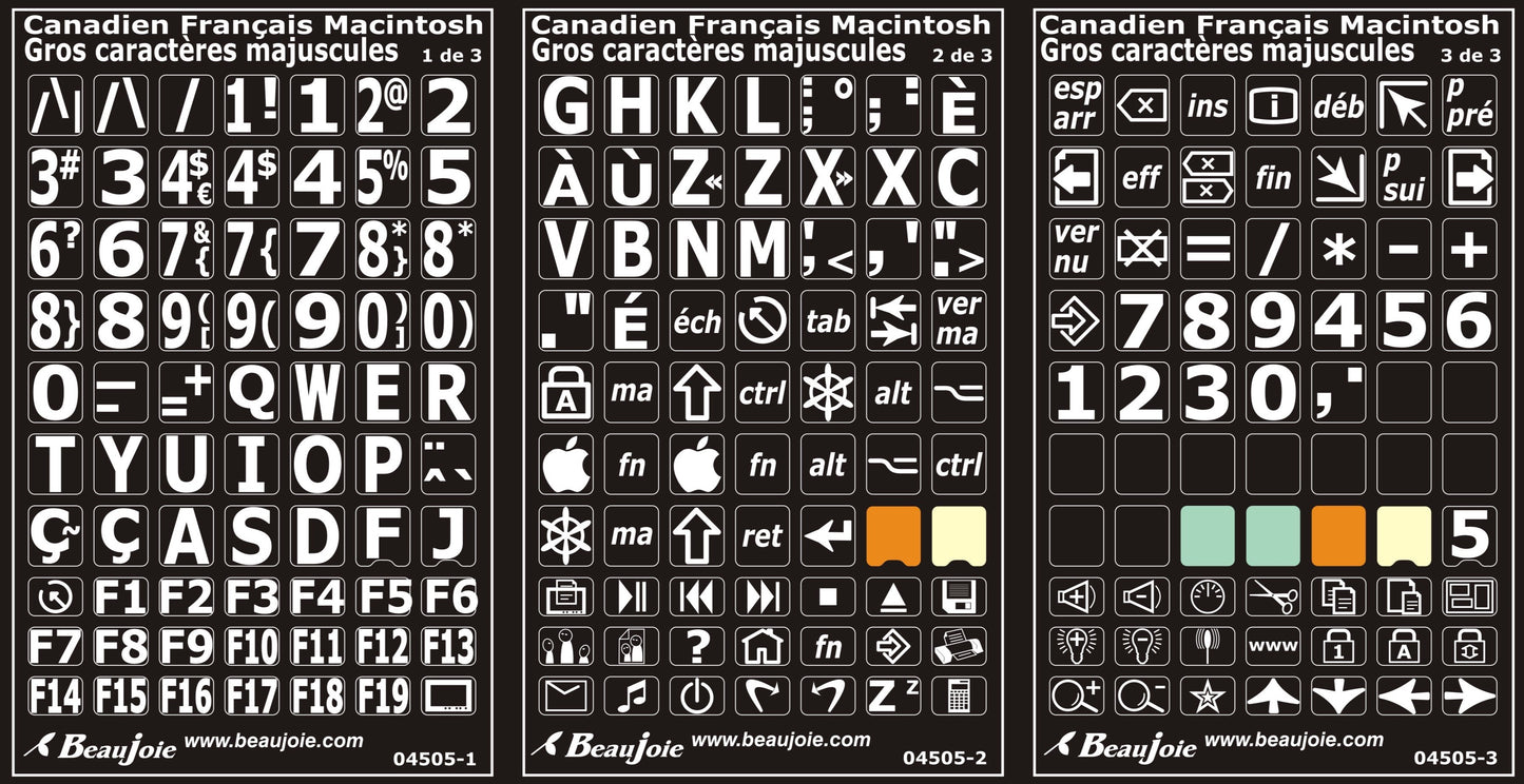 Autocollants lettres majuscules haute visibilité pour clavier Apple (Mac) français (Canada) Blanc sur noir - 04505