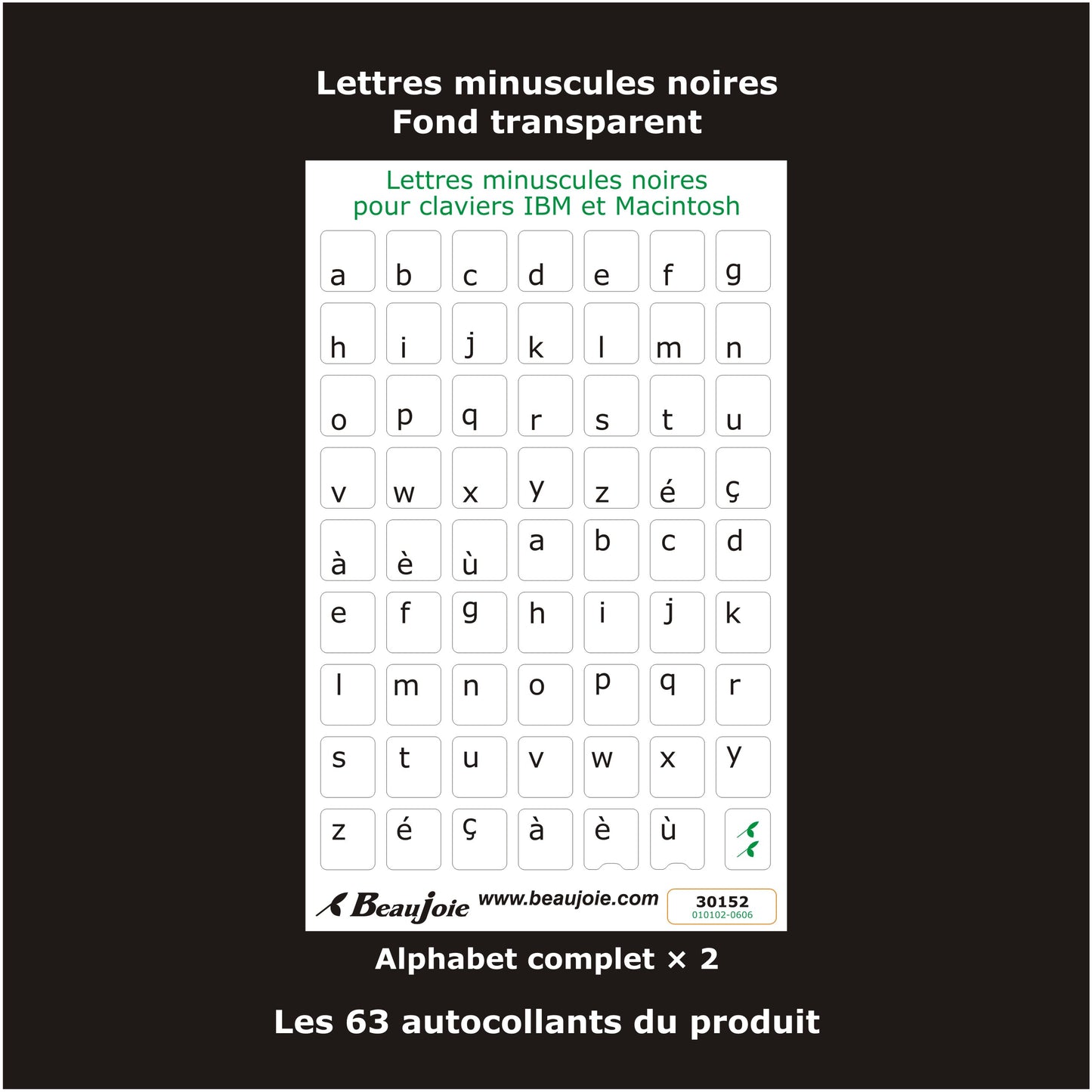 Autocollants lettres minuscules fond transparent clavier pâle 30152