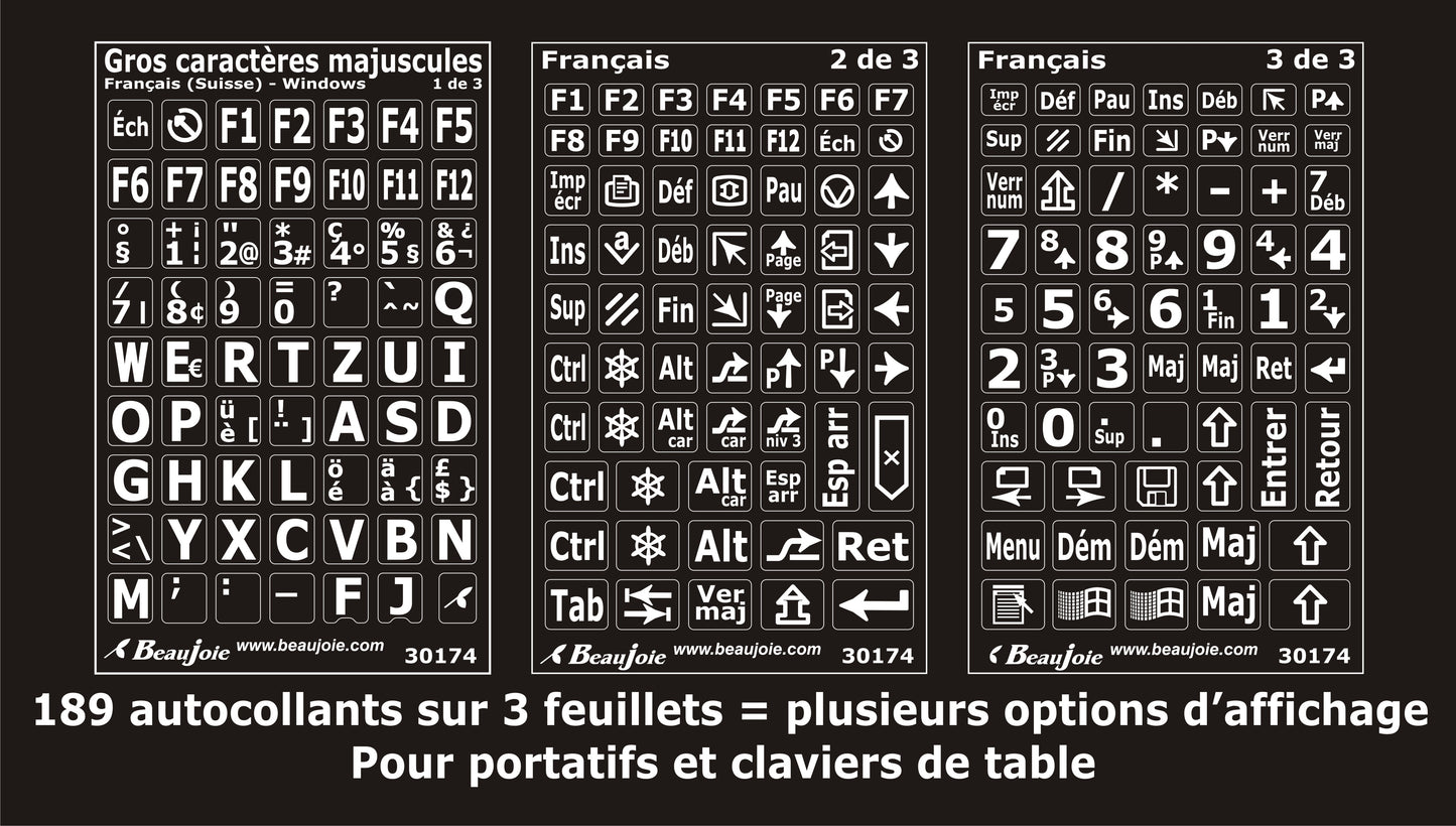 Autocollants lettres majuscules clavier Windows français Suisse 30174