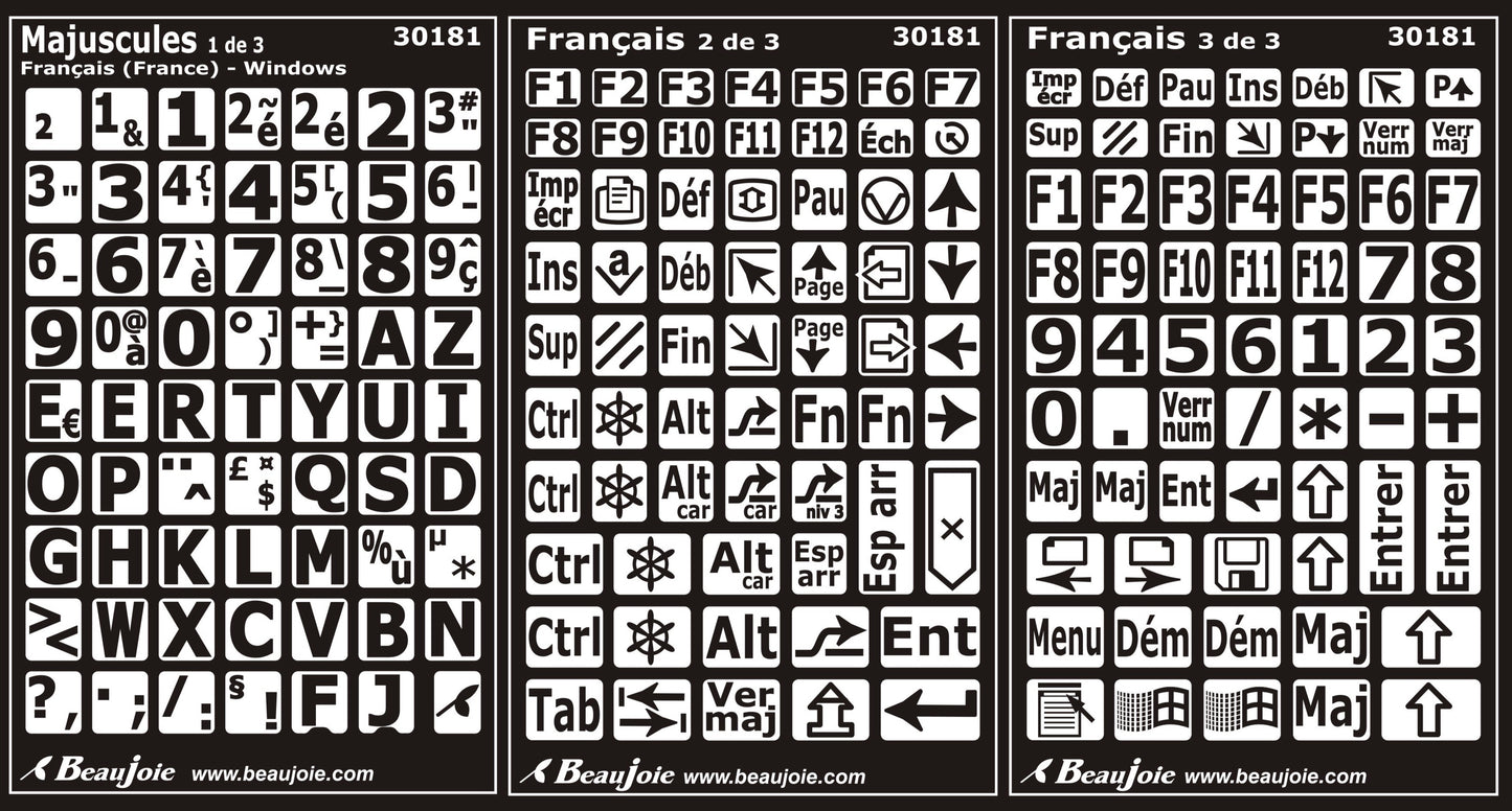 Autocollants lettres majuscules clavier Windows français France 30181