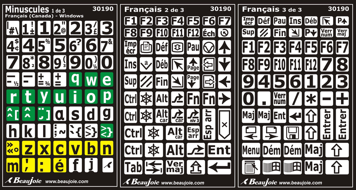 Autocollants clavier divisé rangées (minuscules)  30190