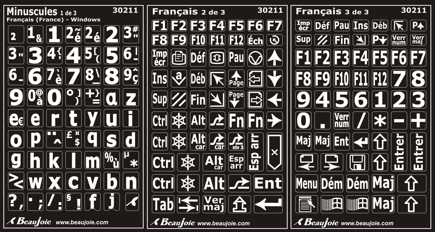 Autocollants lettres minuscules clavier Windows français (France) 30211