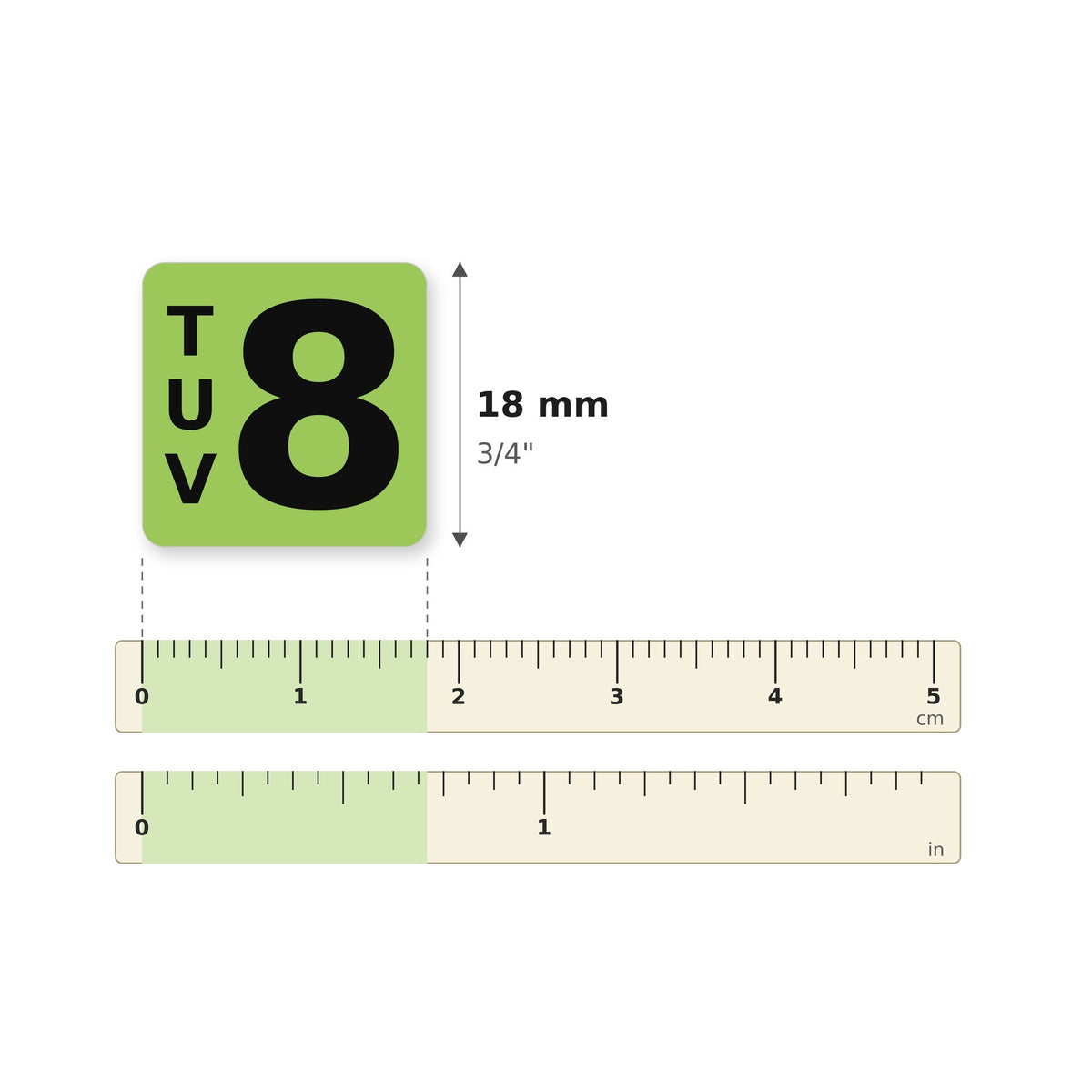 Taille des autocollants 34853 sur une règle : 18 mm (3/4 po)