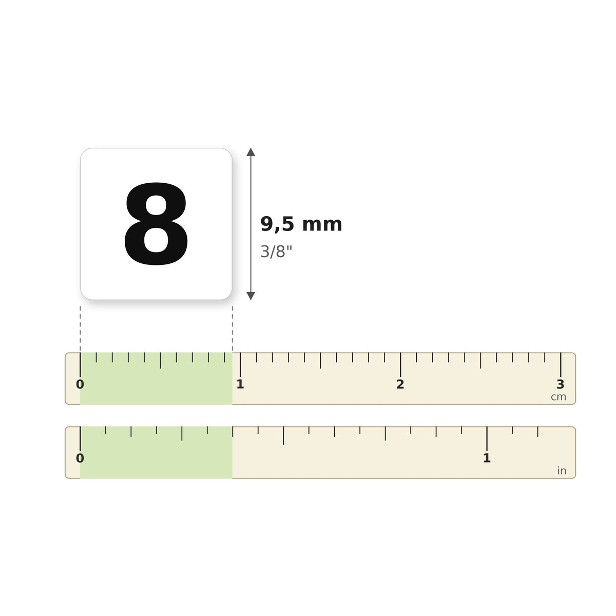 Taille des autocollants 34857 sur une règle : 9,5 mm × 9,5 mm (3/8 po)