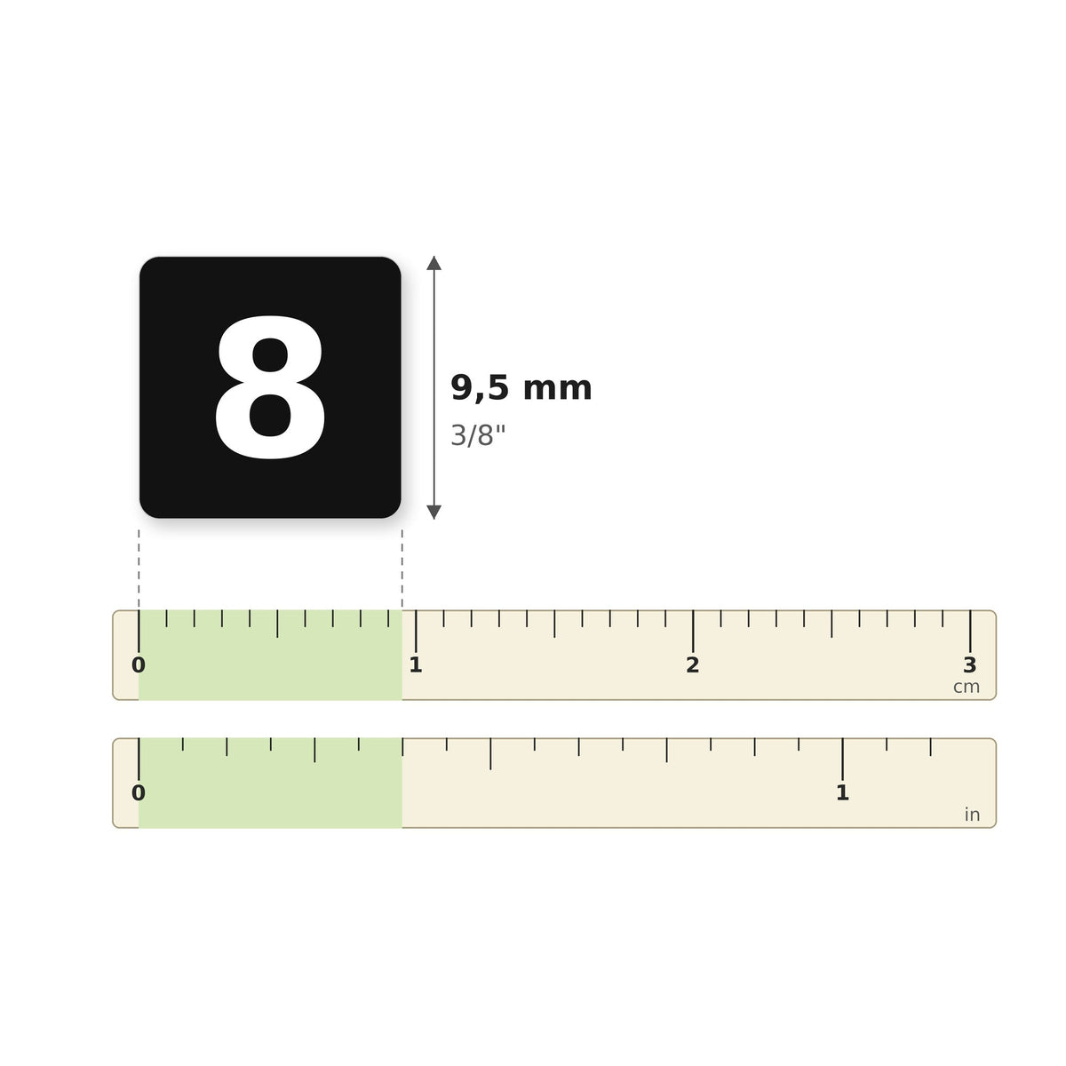 Taille des autocollants 34858 sur une règle : 9,5 mm × 9,5 mm (3/8 po)