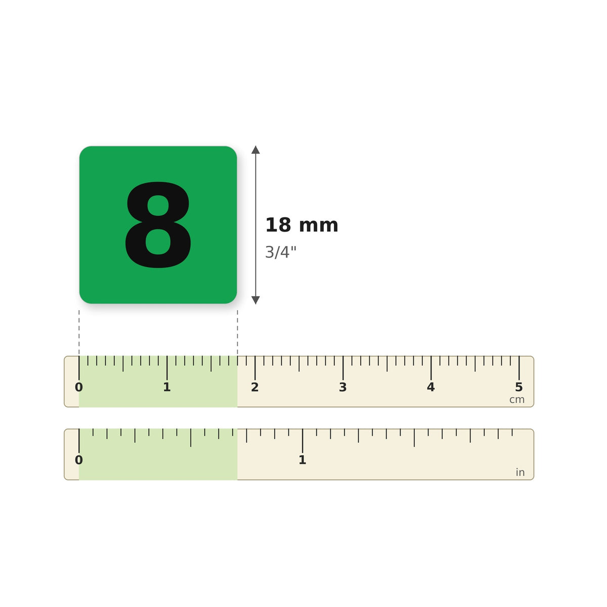 Taille des autocollants 34859 sur une règle : 18 mm (3/4 po)
