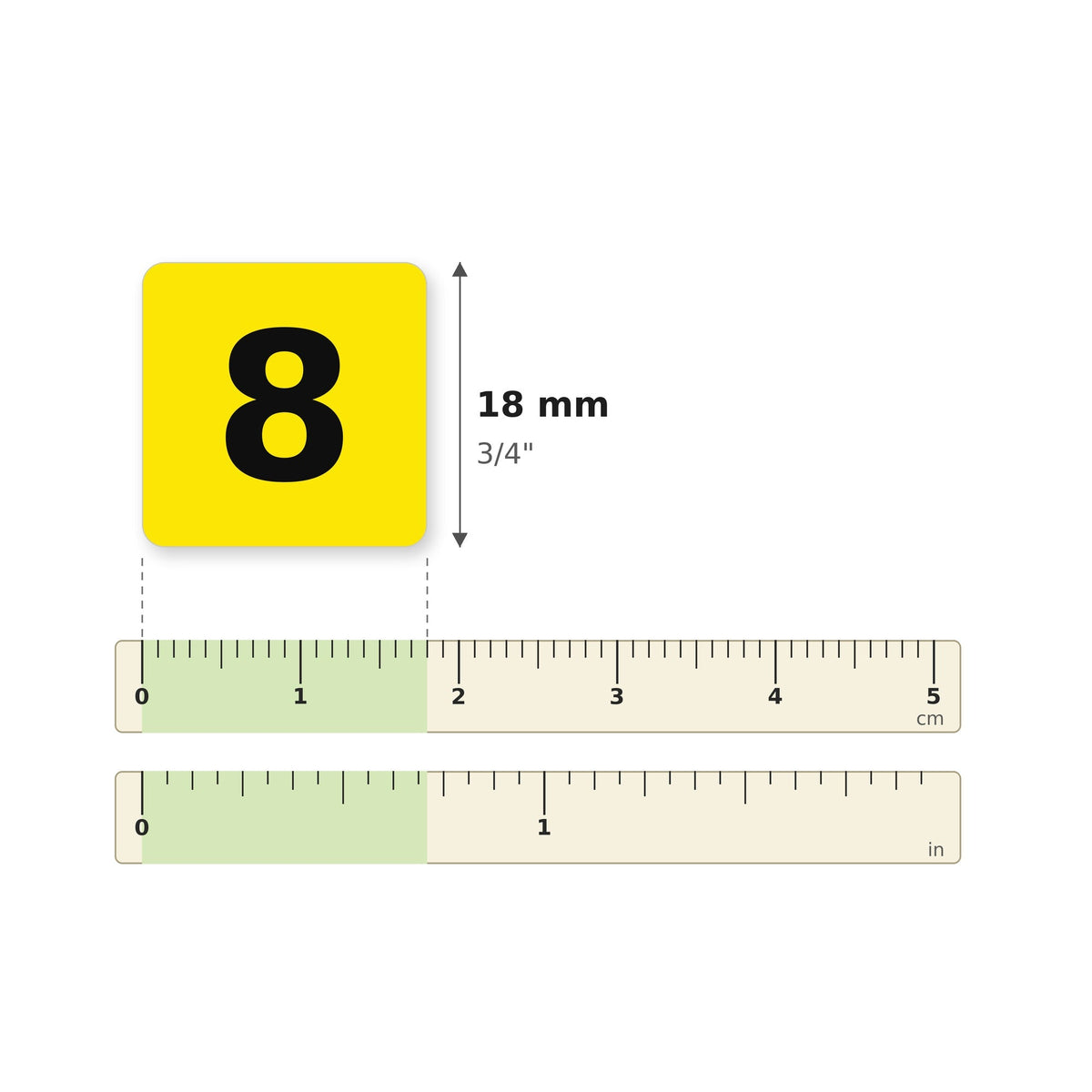 Taille des autocollants 34860 sur une règle : 18 mm (3/4 po)
