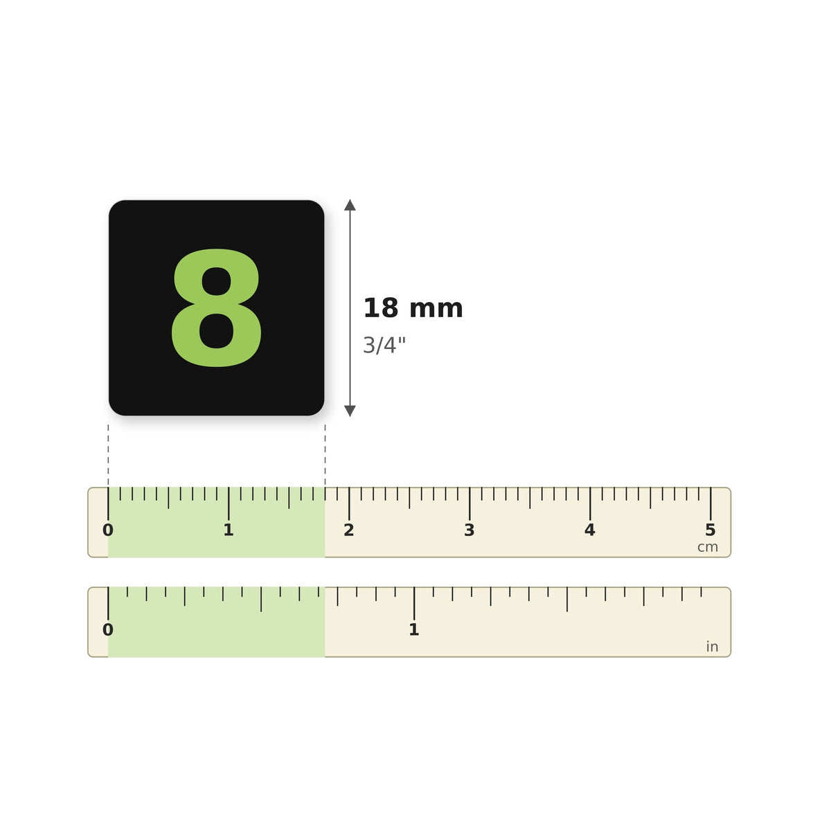 Taille des autocollants 34861 sur une règle : 18 mm (3/4 po)