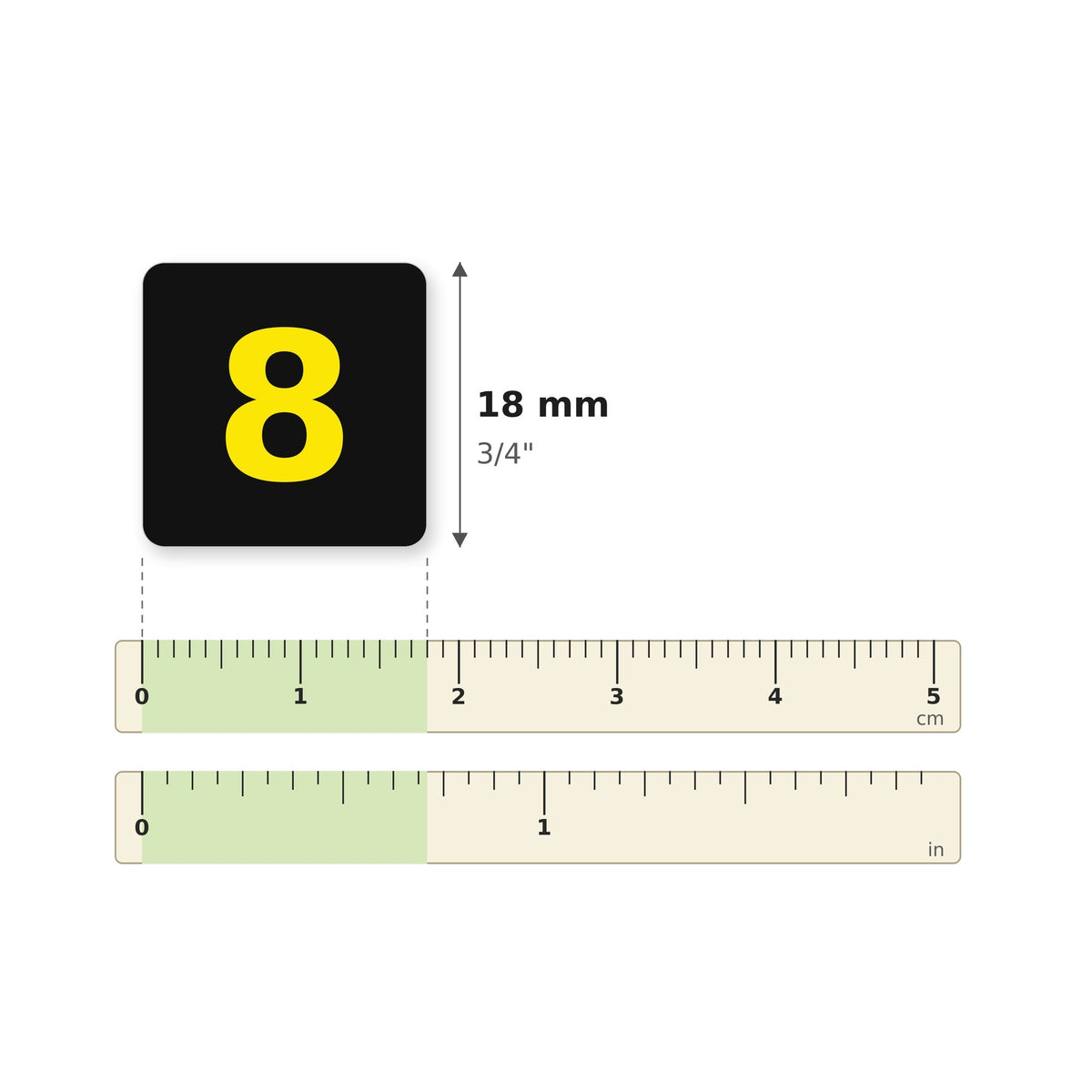 Taille des autocollants 34862 sur une règle : 18 mm (3/4 po)