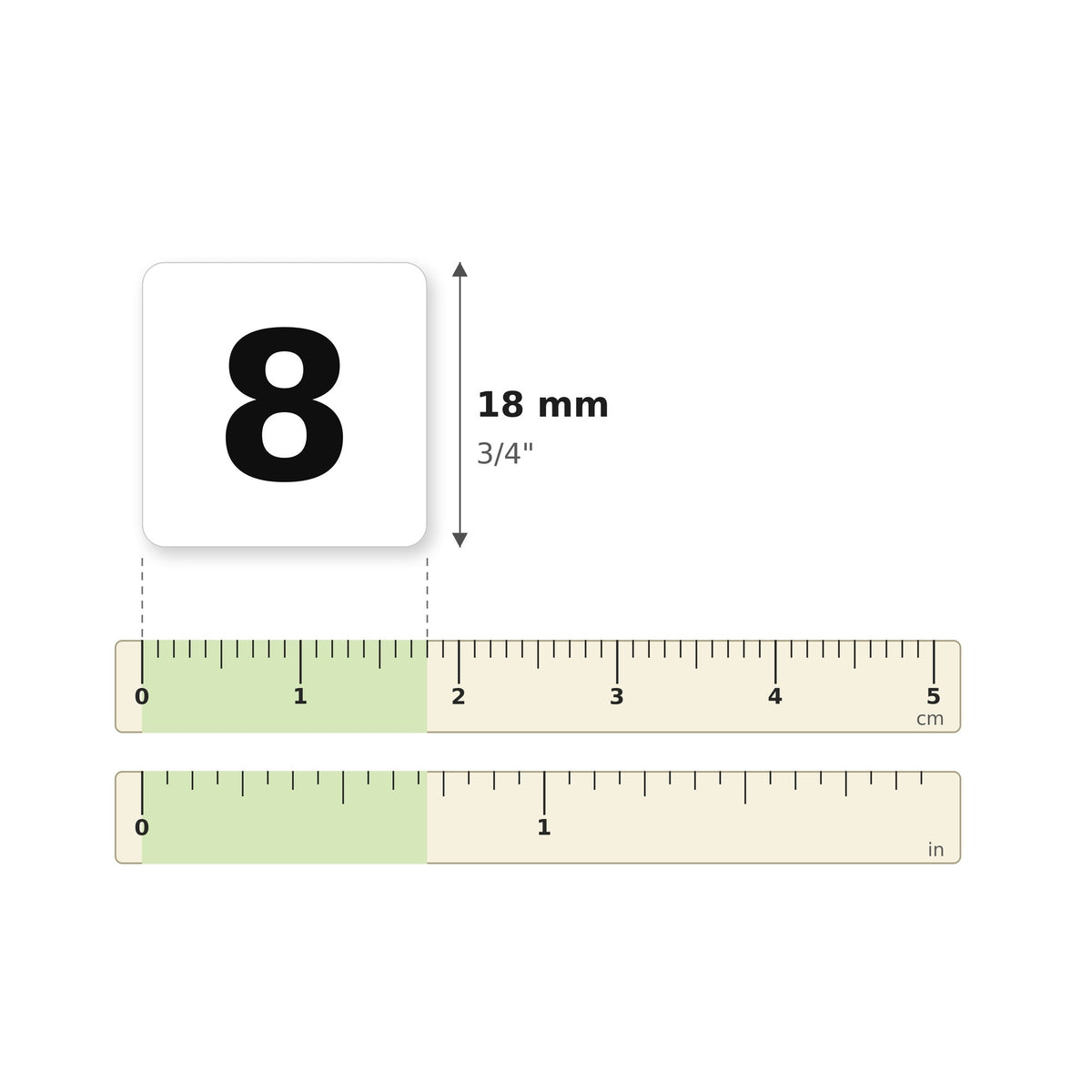 Taille des autocollants 34865 sur une règle : 18 mm (3/4 po)