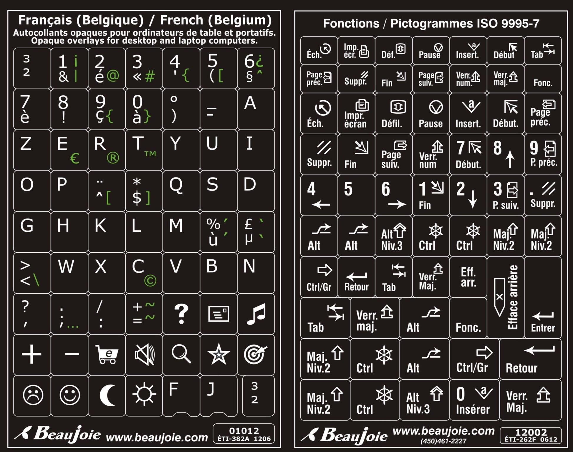 Autocollants clavier complet Windows français (Belgique) fonctions françaises 01012-12002