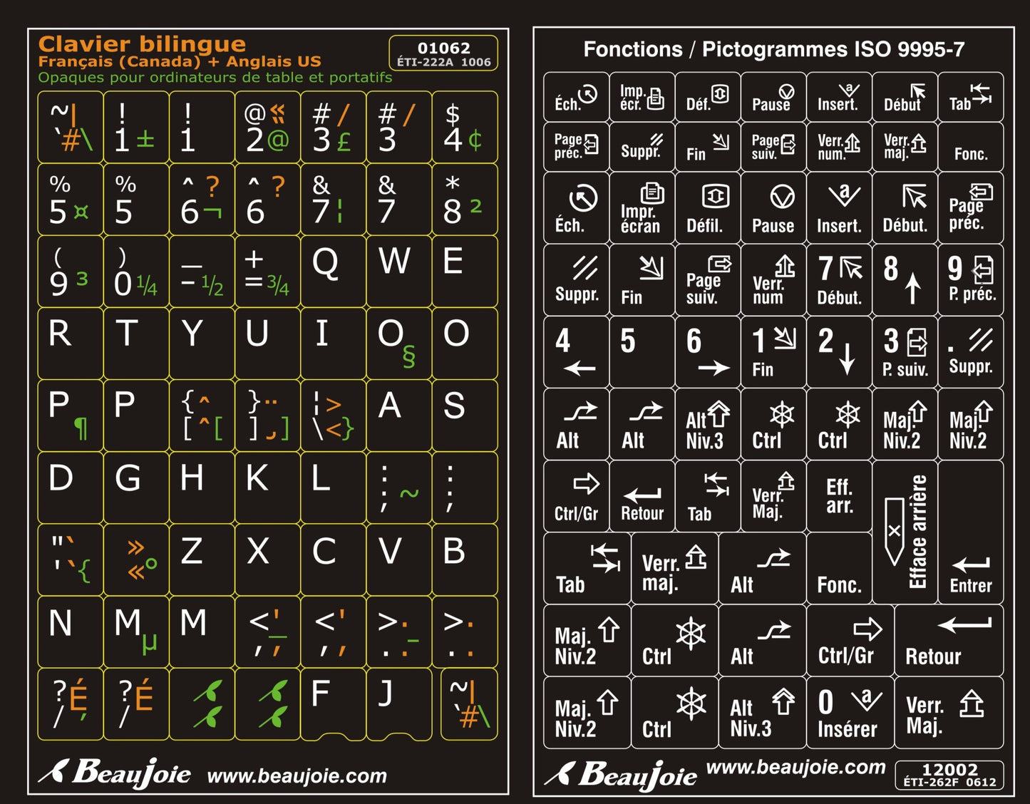 Autocollants clavier bilingue fonctions français Canada 01062-12002