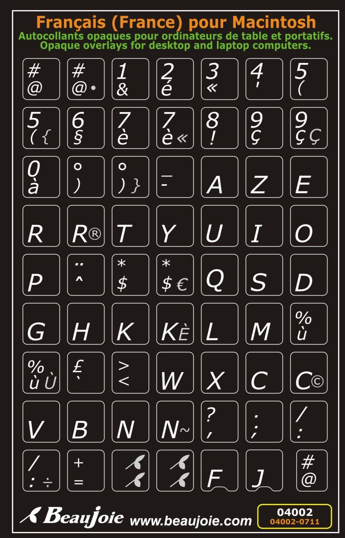 Autocollants lettres majuscules partie centrale clavier Mac français (France) 04002