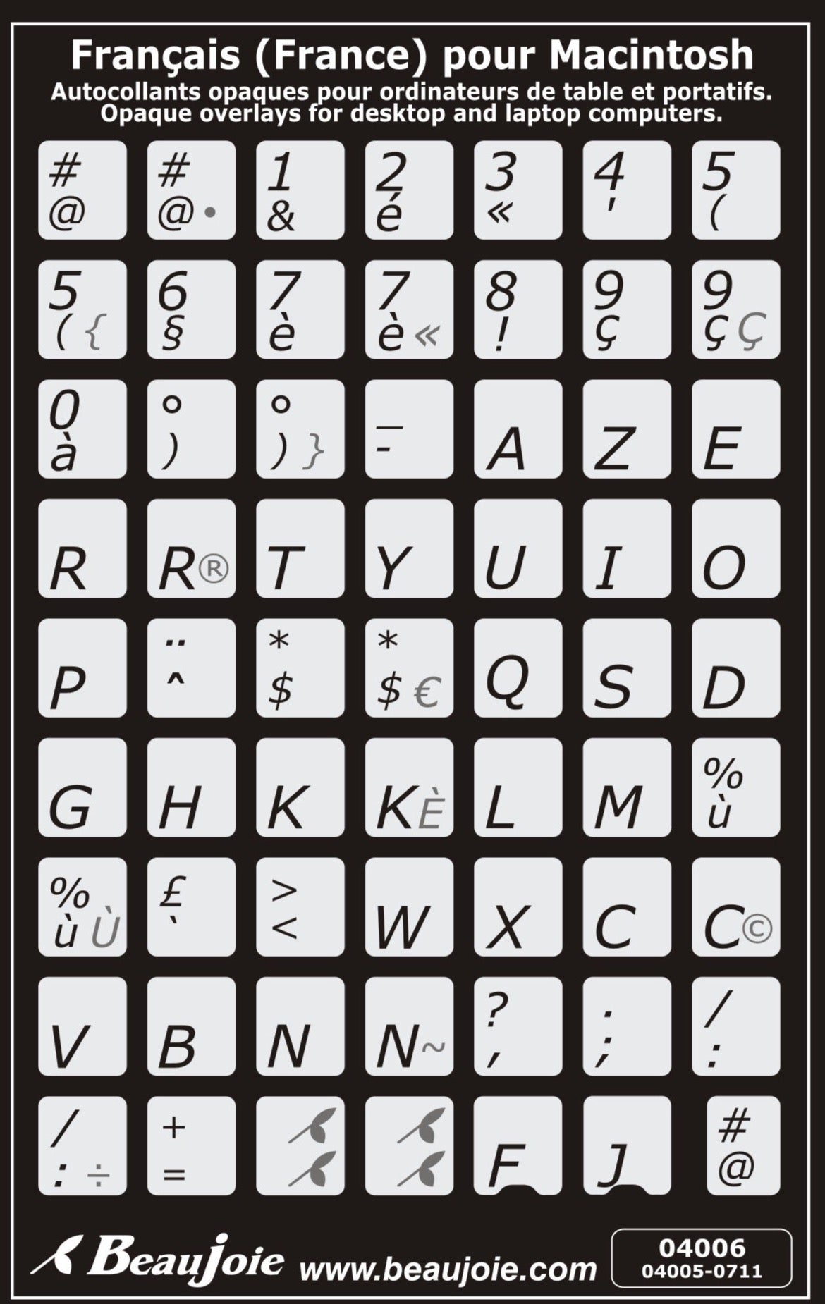 Autocollants lettres majuscules partie centrale clavier Mac français (France) 04006