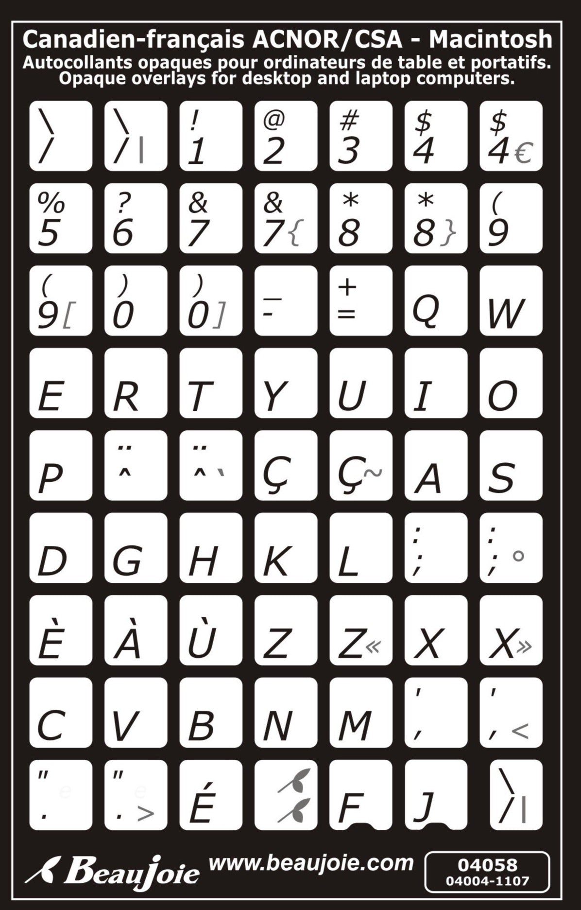 Autocollants partie centrale clavier Mac français (Canada)  04058