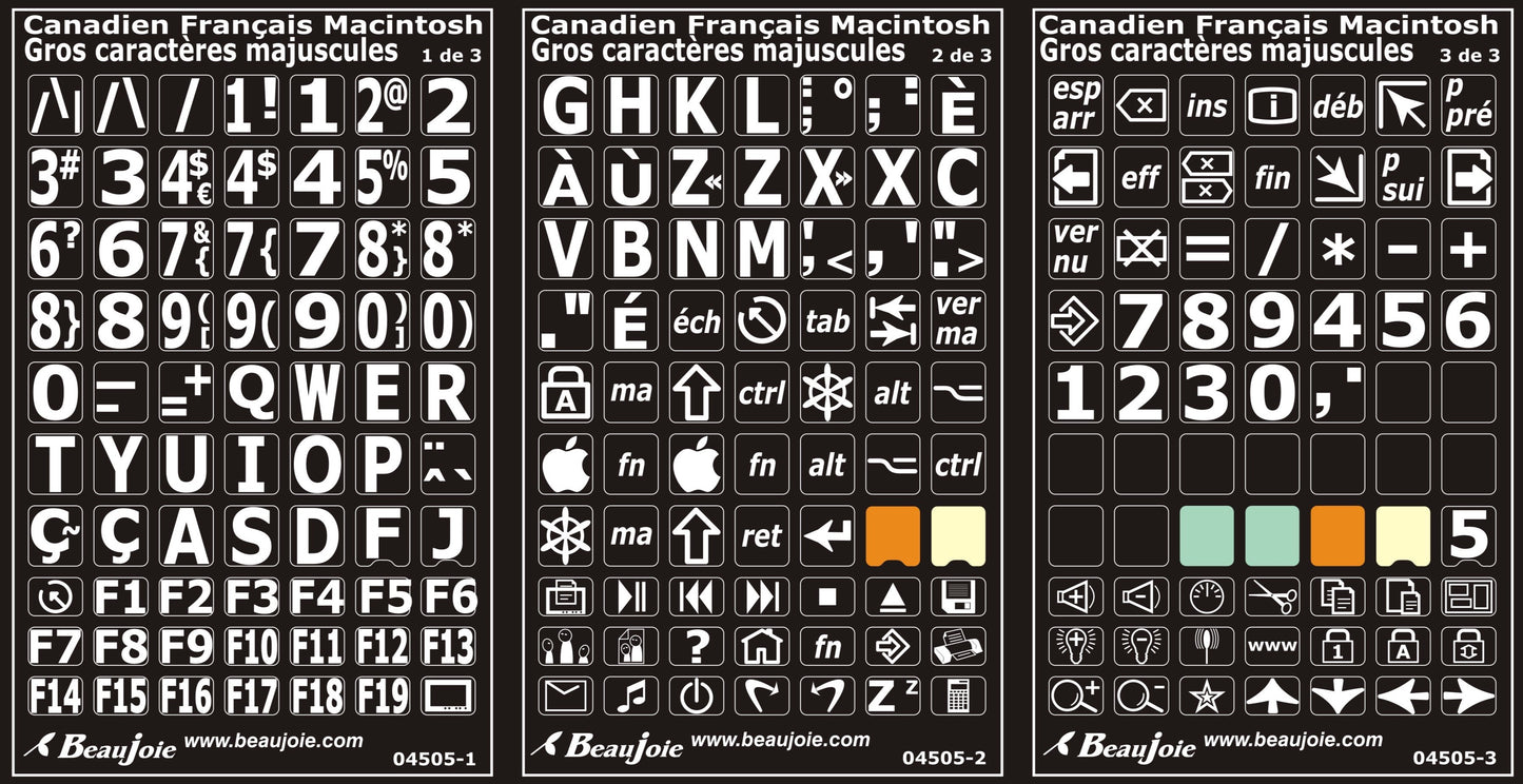 Autocollants lettres majuscules haute visibilité pour clavier Mac français (Canada) Blanc sur noir - 04505
