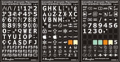 Autocollants lettres majuscules haute visibilité pour clavier Mac français (Canada) Blanc sur noir - 04505