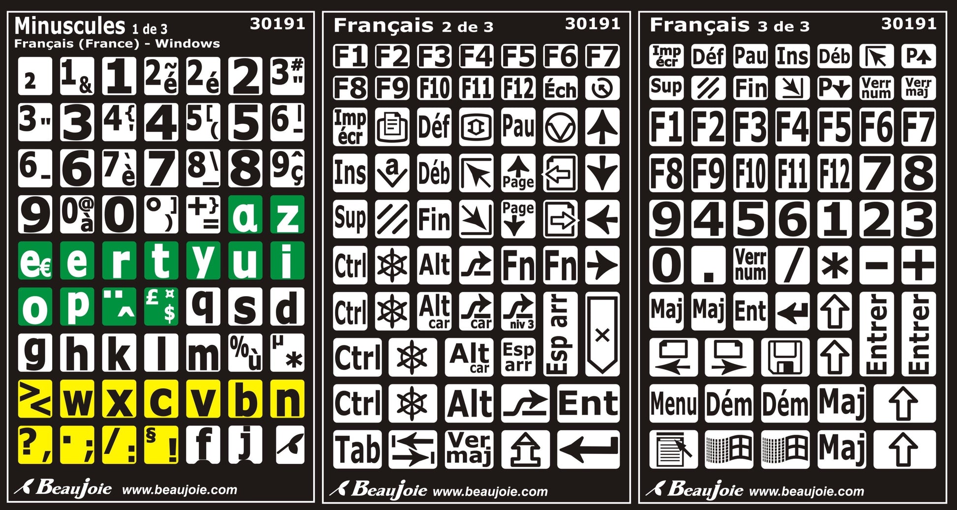 Autocollants clavier divisé rangées (minuscules)  30191
