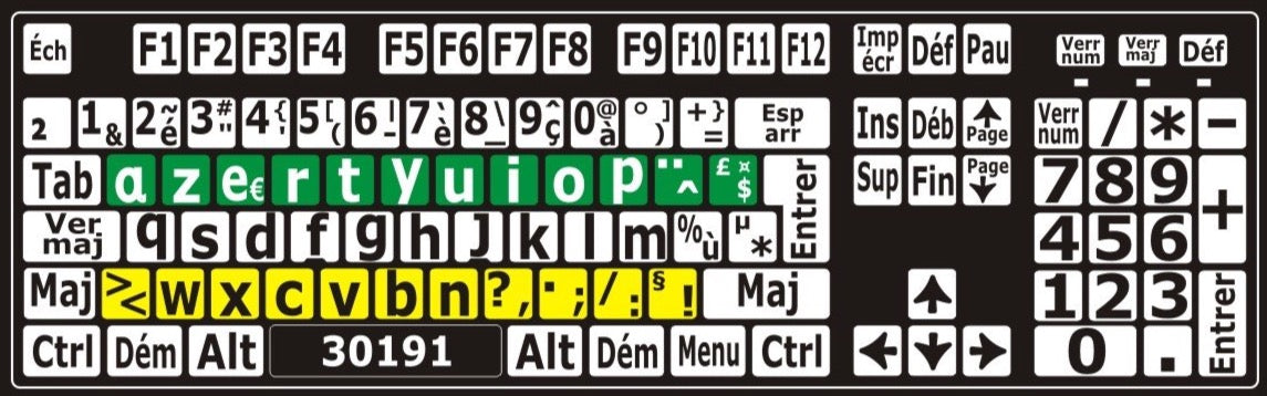 Autocollants clavier divisé rangées (minuscules)  30191