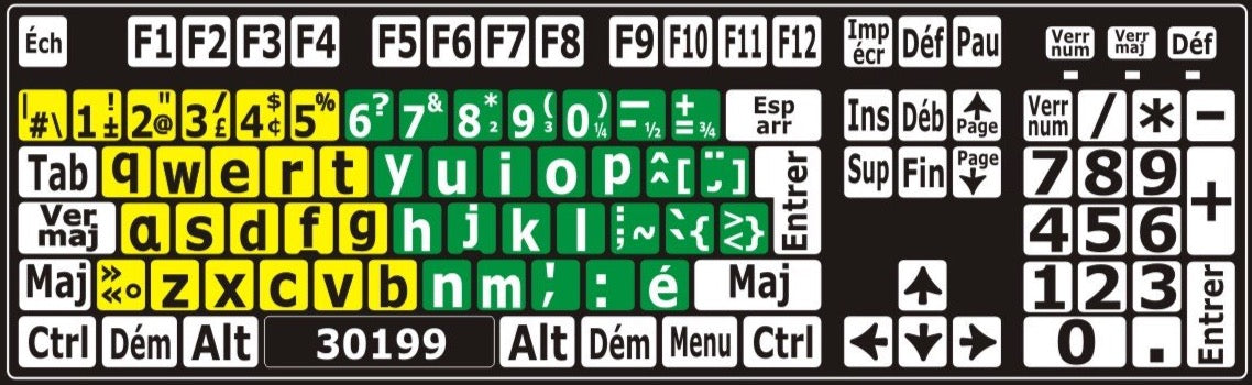 Autocollants clavier divisé gauche/droite (minuscules) 30199