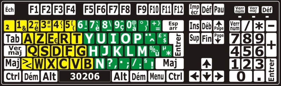 Autocollants clavier divisé rangées (majuscules) 30206
