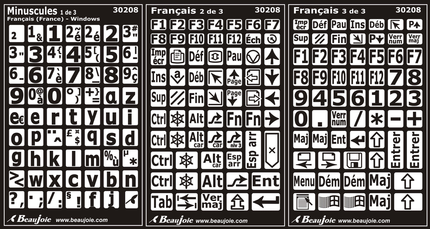 Autocollants lettres minuscules clavier Windows français (France)  30208