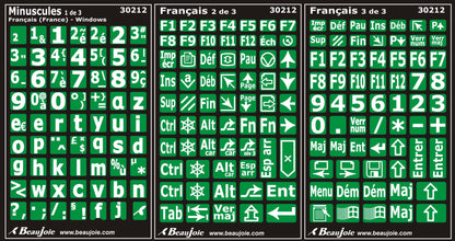 Autocollants lettres minuscules pour clavier Windows français (France) Blanc sur vert - 30212