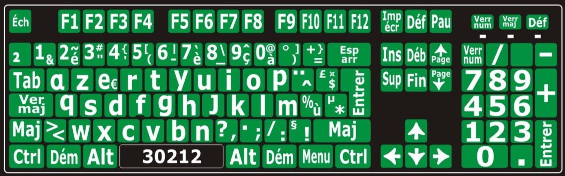 Autocollants lettres minuscules pour clavier Windows français (France) Blanc sur vert - 30212
