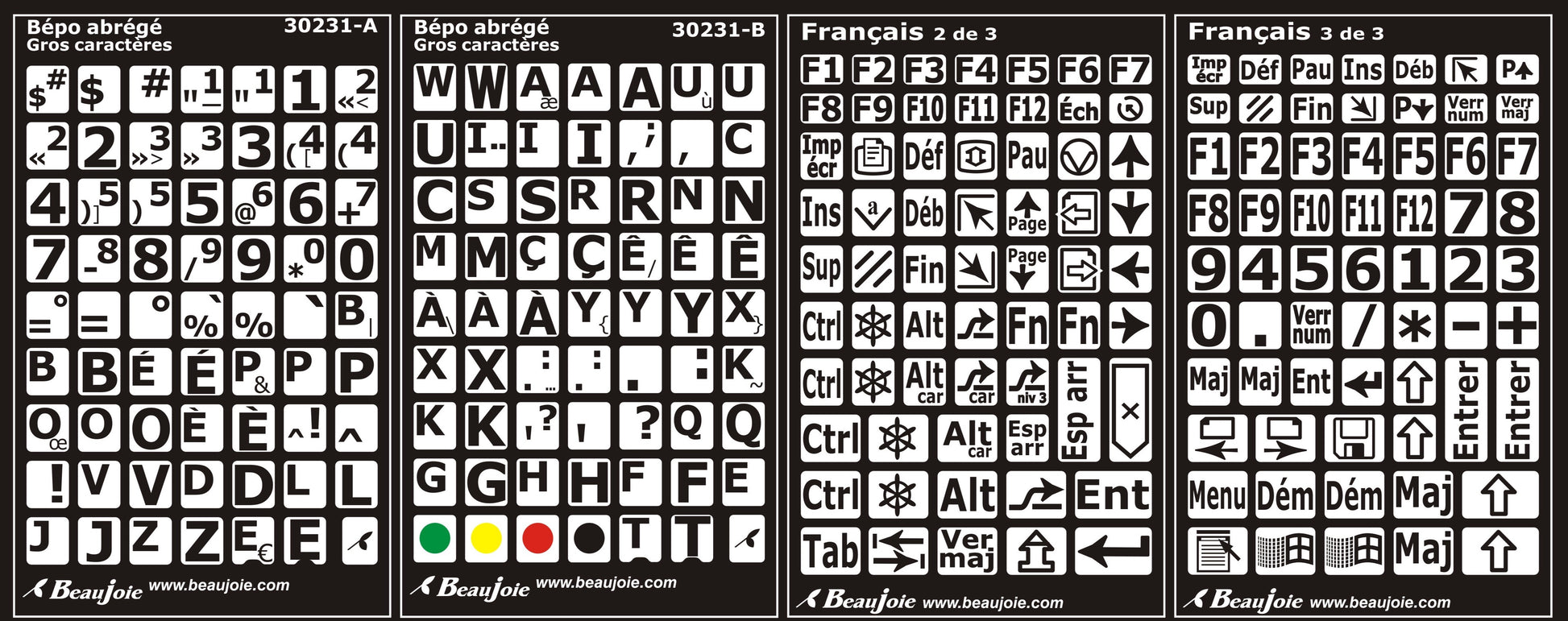 Autocollants lettres majuscules pour clavier BÉPO Noir sur blanc - 30231