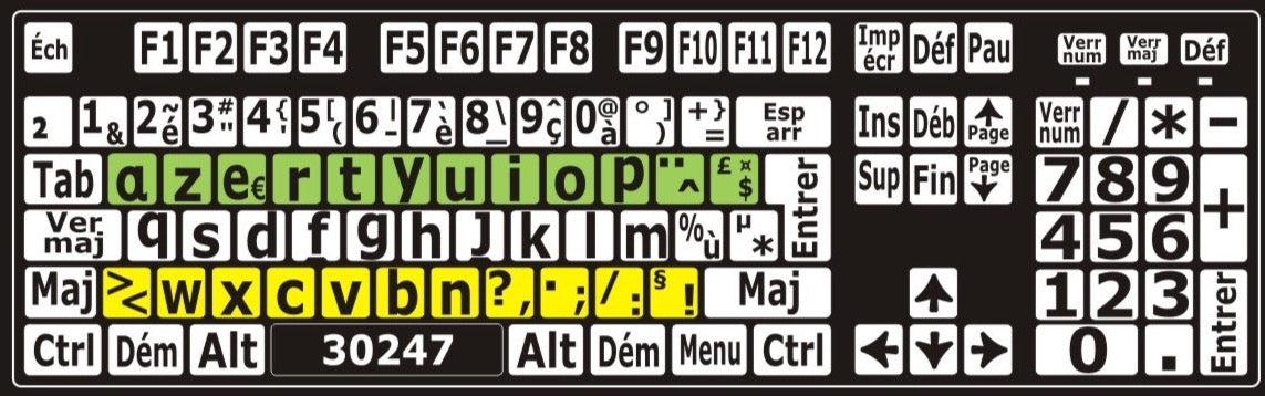Autocollants clavier divisé rangées (minuscules) 30247