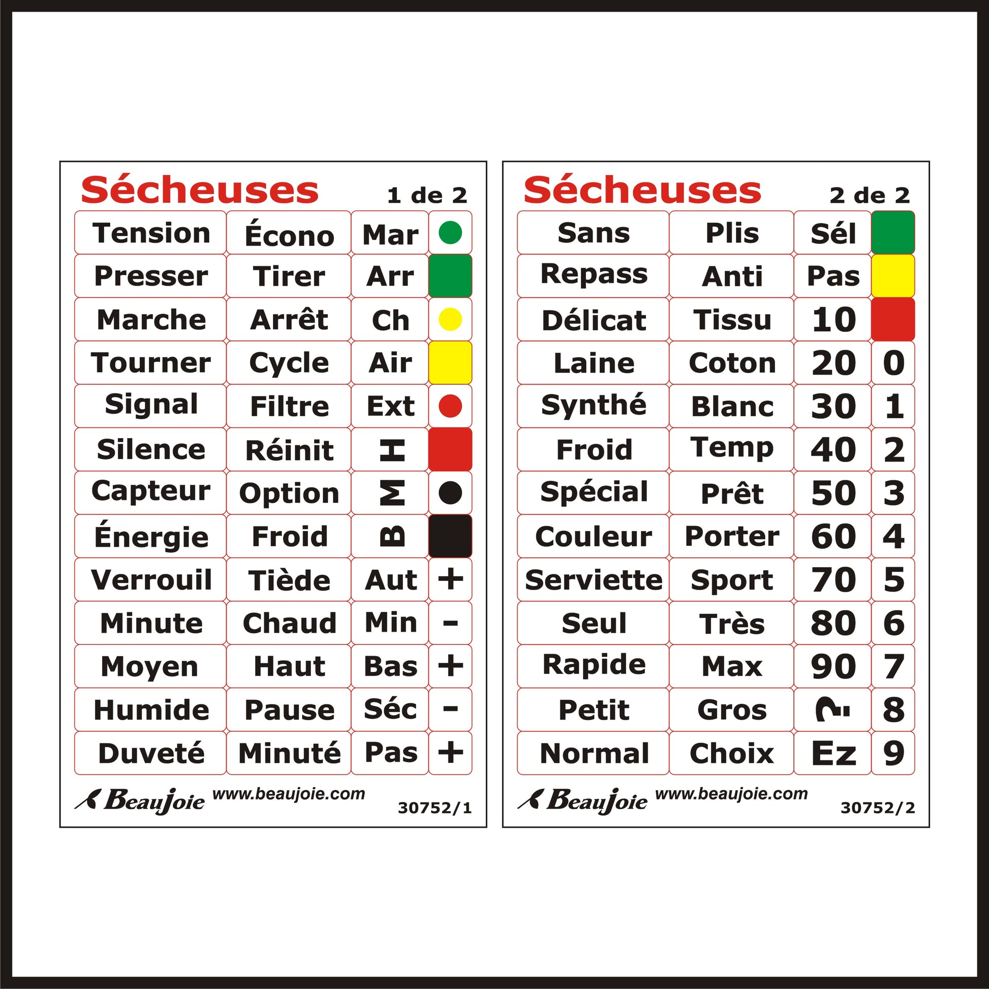 Autocollants français sécheuses 30752